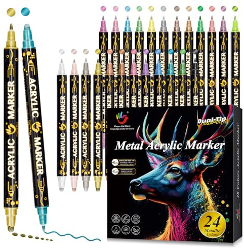 FINGERTIP STORY für Steine wasserfest, 24 Metallic Acrylstifte wasserfest, Gästebuch Hochzeit, Scrapbook Zubehör, Schwarzes Papier,Porzellan,Glas,Leinwand,Keramik,Holz,Eier