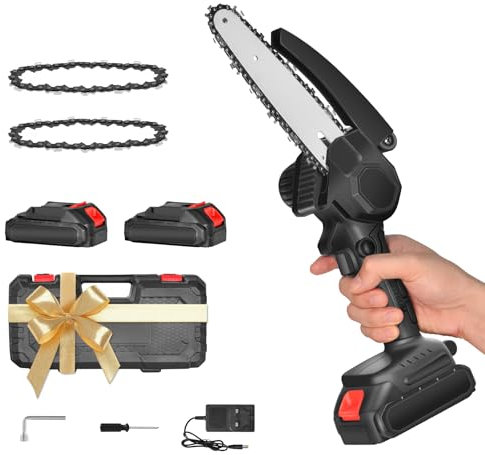 AIOMEST Mini Motosega da 6 Pollici con 8000mAh Batteria, Sega da Potatura con 2 Batterie Ricaricabili e 2 Catene, Motosega Elettrica a Batteria per Giardini Cesoie Taglio Legno