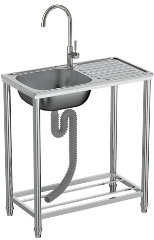 Fregadero Exterior Jardin con Grifo Fregadero Cocina 1 Seno Inox con banco de trabajo y estantes almacenamiento fregadero multifuncional Fácil de Limpiar para Lavandería Garaje Camping 75x40x82cm