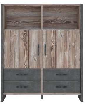möbelando Highboard >Note< Das Highboard Note in Betonoptik Dunkelgrau (B/H/T: 129,8/154,2/43,1 cm) bietet 4 Schubladen, 2 Türen und 6 Fächer. Zerlegt geliefert, einfach montierbar.