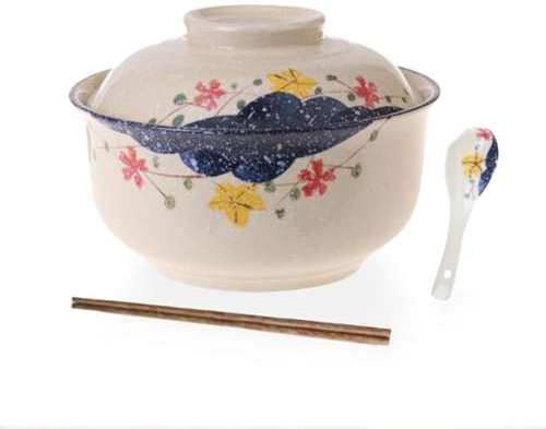 Ensemble de bols à soupe en céramique 800 ml, grands bols japonais, vaisselle traditionnelle asiatique, pour Udon, pâtes, pho, soba, céréales et salade (Fleurs)