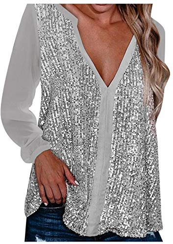 Pailletten Oberteil Damen Glitzer V-Ausschnitt Shirt Elegant Langarm Tops Sexy Top Vintage Silvester Outfit Silber Tunika Lässig Blusenshirt Faschingskostüme für Rave Festlich Blusen Karnevals kostüm