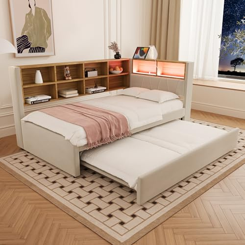 Merax Schlafsofa 90 x 200 cm, mit Ausziehbett 90 x 190 cm, Schlafcouch Ausziehbar mit LED Leuchten und Ablagefächern, Flanell, Beige (Ohne Matratze)