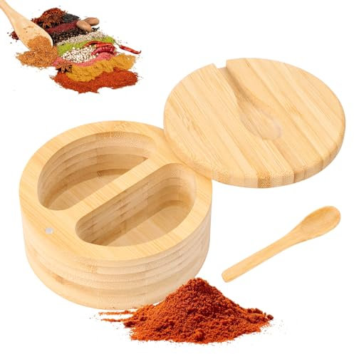Boîte à sel double avec couvercle magnétique et petite cuillère en bois, boîte pour épices de cuisine, herbes, poivre ou petites choses
