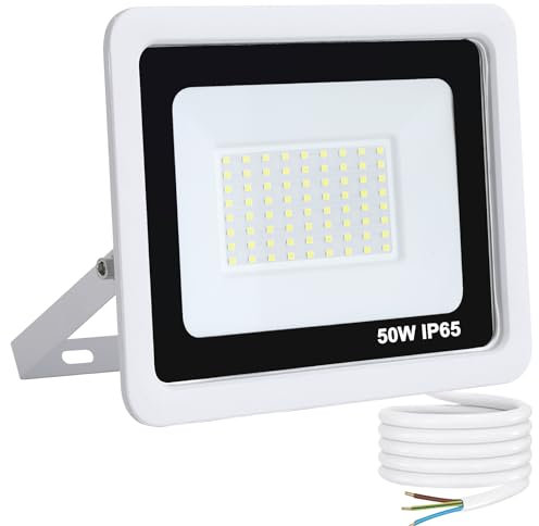 Mille Lucciole LED Strahler Außen 50W Kaltweiß 6500K 5000LM Scheinwerfer 72 LED IP65 Wasserdicht Außenstrahler Weiß für Hell Garten Garage Sportplatz Hof Fluter