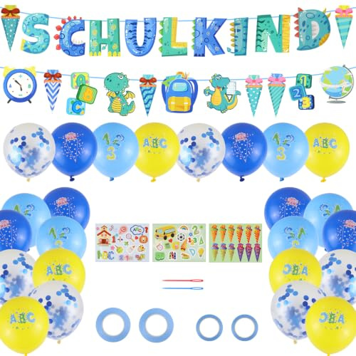 Raxfekro Deko Einschulung Junge, Schulanfang Deko, 2 Fahnen + 22 Luftballons + 3 Aufkleber, Alle mit Schulelementen