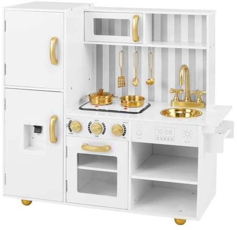 Maxmass Kids Wooden Kitchen, Large Children Pretend Role Play Kitchen with Lights & Sounds, Realistic Oven, Microwave, Water Dispenser, Utensils, Toddler Toy Kitchens for 3+ Years Old (White+Gold)