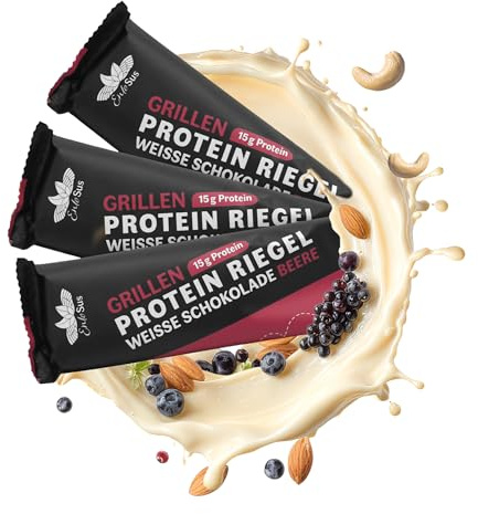 EntoSus Protein Riegel Beere-Mandel-Weiße-Schokolade 50g - 15 g Protein/Riegel | High Protein Snacks ohne Zuckerzusatz | Laktosefrei & ballaststoffreich | Grillen Proteine | Made in Germany - 3 Stk