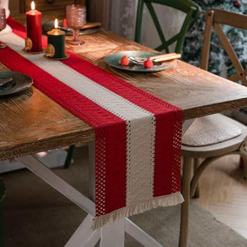 Tischläufer Weihnachten Tischdeko Weihnachtsdeko Tisch Christmas Decorations Boho Deko Weihnachtstischläufer mit Quasten Tischdecke für Küche Party Geburtstag Hochzeit Dekor (Rot+Beige, 30x180cm)
