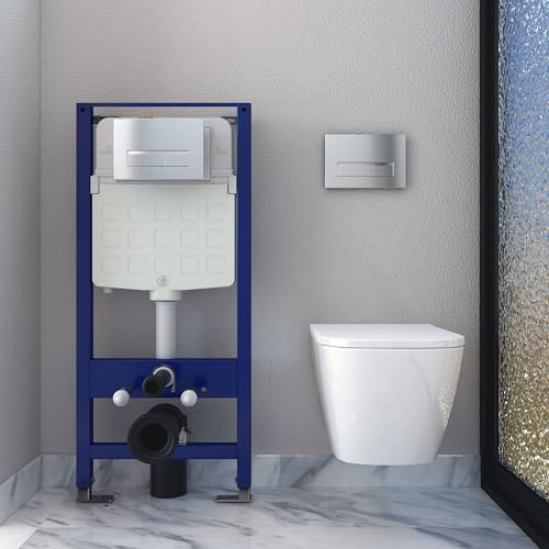 Bathroom Square Rimless Wall Hung Toilet Short Projection with 1.14M Concealed Cistern Frame UF Soft Close Seat WC Pan White Ceramic-34102
