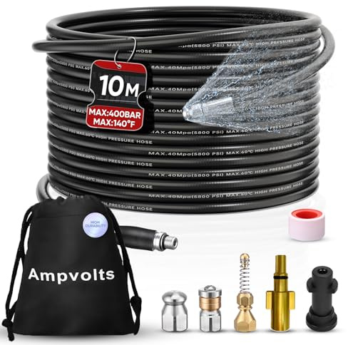 Ampvolts 10M Drain Cleaning Kit – Compatible with Karcher K2–K7 & Bosch AQT, 400 Bar / 5800 PSI Drain Jetting Hose, Includes 2 Adapters & 3 Nozzles, High Pressure Drain Unblocker