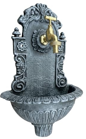 Relaxdays antique wall fountain, with tap, nostalgic, grey | Garden washbasin, cast aluminium, H x W x D 40 x 24.5 x 13 cm