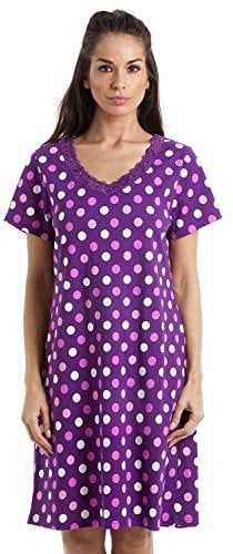 Camille Womens Smooth Soft Cotton Summer Nightshirts 14-16 Purple Polka Dot
