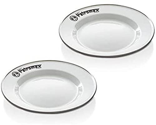 Petromax Emaille Teller 2er Set weiß (22,5 cm), Leichtes und robustes Campinggeschirr mit Edelstahlrand, Hygienisch, kratzfest, Ideal für Outdoor, Camping, Draußen-Kochen, Leicht zu reinigen