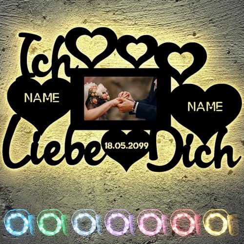 Ich liebe dich mit Bilderrahmen Led Deko Schlummerlicht Nachtlicht, Foto + Herzchen personalisiert mit Wunsch Namen i love you - Wandlampe Geschenkidee in13 Farben