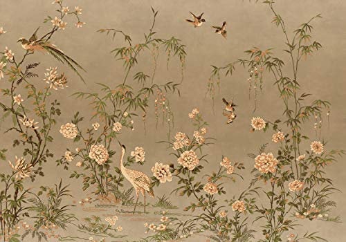 wandmotiv24 Fototapete Bambus Vögel Vintage, XL 350 x 245 cm - 7 Teile, Wanddeko, Wandbild, Wandtapete, China Zeichnung Vogel grün retro M6723