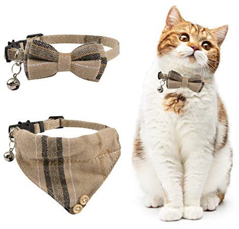 HACRAHO Hundehalstuch und Halsband Set, 2 Stück Klassisches Plaid Hundehalsband Breakaway und Bandana Set Verstellbares Hundehalsband und Bandana mit Glöckchen für Katze Welpen Kleine Hunde, Braun