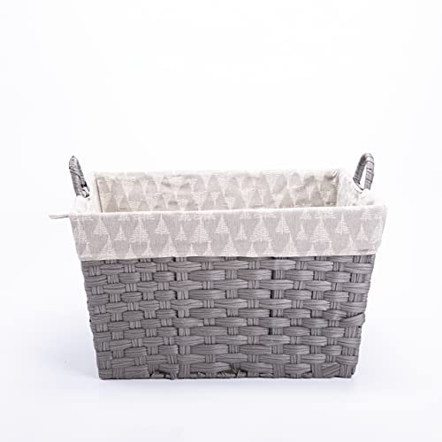 Faux Wicker Home Storage Basket with Liner with Handles Laundry Basket Toys Collection Basket (Grey Basket with Tree Patten Liner)