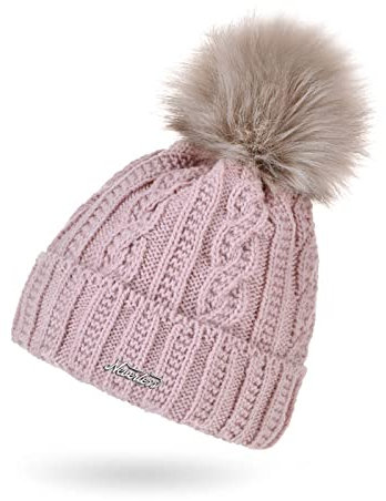 Neverless® Damen Strick-Mütze mit Innenfutter Fleece Fell-Bommel Kunstfell Bommelmütze Zopfstrickmuster Umschlag rosa Unisize