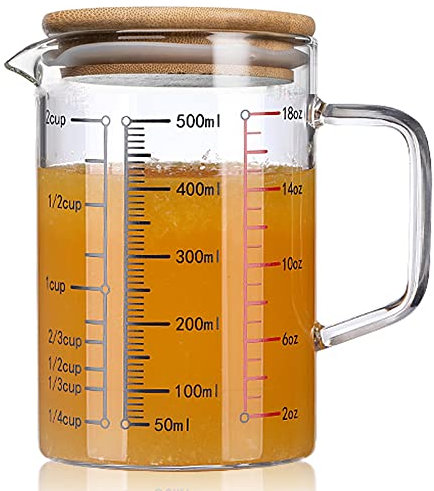 TAMUME Misurino in Vetro con Coperchio, Caraffa Graduata con Scala Multipla (500ml)