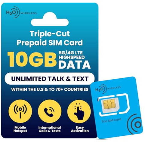 H2O Wireless 30-Tage Prepaid-SIM-Karte USA mit 10 GB Highspeed-​​4G LTE/5G Daten und 5 GB mobilem Hotspot, unbegrenzte Daten, internationale Gespräche und SMS, dreifach geschnittene US-Mobil-SIM-Karte