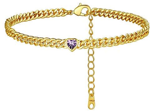 FindChic Fußkette Damen aus Kupfer goldenes Fußbänder Modes Kristall Fußschmuck Wasserfest herz Geburststein Februar Amethyst Stein als Geschenk zum Geburtstag, Weihnachten, Valentinstag