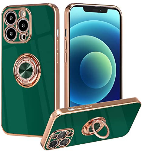 ZCDAYE Case for iPhone 12, iPhone 12 Phone Case with Magnetic Ring Holder Stand,Gold Edge Electroplated Soft TPU Shockproof Case Cover for iPhone 12- Green