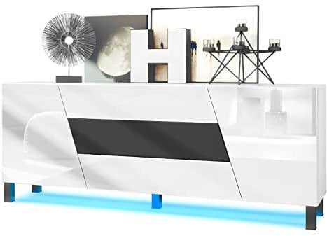 Vladon Sideboard Houston, Made in Germany, Kommode mit 2 Türen und 3 Schubladen, Korpus Weiß matt, Fronten Weiß Hochglanz, mittlere Schublade Schwarz matt, inkl. LED-Beleuchtung (178 x 69,5 x 38,5 cm)