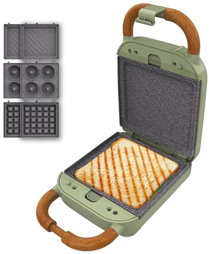 Cecotec Sandwichmaker Vintage Rock'Ntoast Retro One Grün. 700W, 3 austauschbare Platten, Retro-Design, Rockstone-Beschichtung, Leuchtanzeige, rutschfeste Basis, kühler Griff, Verschlusszange