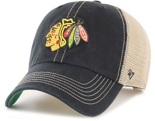 '47 Chicago Blackhawks Herren Damen Trawler Clean Up Verstellbarer Riemverschluss Schwarz Mütze mit Team-Farblogo, Schwarz, Einheitsgr??e