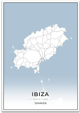Vacentures Ibiza Karten Poster - Premium Wandbild ohne Bilderrahmen I Moderne Wanddeko für Wohnzimmer oder Schlafzimmer I Hochwertiger Druck (Blau, 30x40 CM)