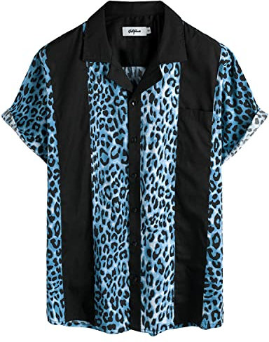 VATPAVE Mens Hawaiian Boling Shirt Casual Button Down Short Sleeve Summer Shirts Small Blue Leopard Beach Shirts