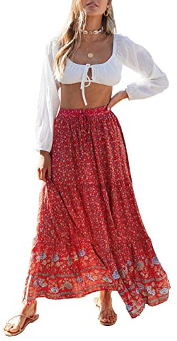 ZESICA Damen 2023 Bohemian Floral Printed Elastic Waist A Line Maxi Rock mit Taschen, Rot Vintage, X-Klein