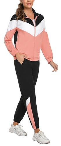 Marvmys Survêtement Femme Ensemble Zippé Couleurs Contrastées Fitness Jogging Manches Longues Sportwear rose rose XL