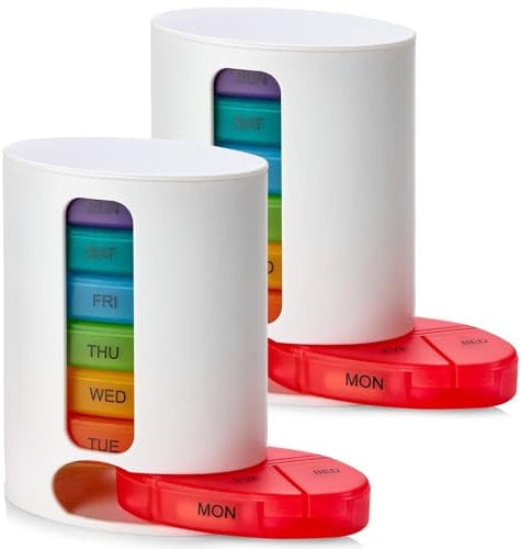 MEDca Pilulier hebdomadaire, 1 distributeur, 7 compartiments multicolores empilables quatre fois par jour – Matin, midi, soir et heure du coucher, Blanc, Lot de 2