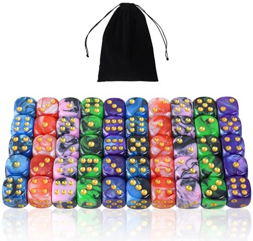 Würfel Set 6-Seitig,16mm,5 zweifarbige Polyedrische Farbwürfel für DND RPG Würfelspiele,Spielen von Spielen wie Tenzi, Yahtzee(50 Stück Goldpipswürfeln)