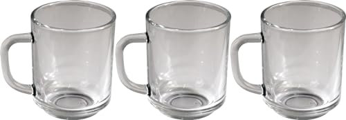 Catergold Cafe Mugs Coffee Tea Cup Stylish Glass Temperature Resistant Cold & Hot Drinks Ideal for Ice Cream Latte Espresso Cappuccino Hot Chocolate With Mug Handle Clear 245ml Pack Of 3