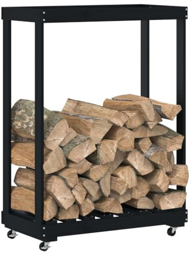 Primal Internet GmbH Kaminholzregal innen modern auf Rollen | Brennholzregal rollbar | Feuerholzregal Gestell Ständer für drinnen aus Massivholz