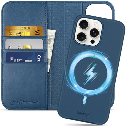 SHIELDON Hülle für iPhone 15 Pro Max, Echtleder Handyhülle [Abnehmbar] [kabelloses Laden] [Kartenfach] [Ständer] [RFID Blocker] Klapphülle Kompatibel mit iPhone 15 Pro Max 6,7 - Königsblau