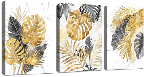 3 Pcs Leinwandbilder Bilder mit Rahmen Marmor Grau Gold Palme Blätter bild auf leinwand Wandkunst Modern Wandbilder Kunstdruck Deko für Wohnzimmer Schlafzimmer fertig zum Aufhängen 120x60cm(40x60x3)