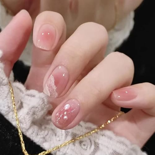 HERBENJOY Künstliche Nägel, zum Aufdrücken, kurz, wiederverwendbar, mit Designs, französische künstliche Rouge, Pailletten, falsche Tipsy, zum Aufkleben, Korea, 24 Stück