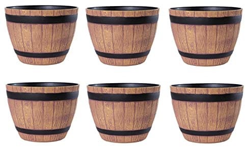 Jinfa 6er-Set Pflanzkübel aus Kunststoff in Weinfassoptik bottich Blumenkübel | Farbe: Walnuss | Design: Weinfass | Ø 38 cm