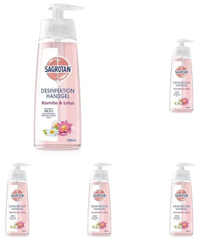 Sagrotan Hand-Desinfektionsgel Kamille & Lotus – Desinfektionsmittel für die Hände im Spender – 1 x 200 ml Gel (Packung mit 5)