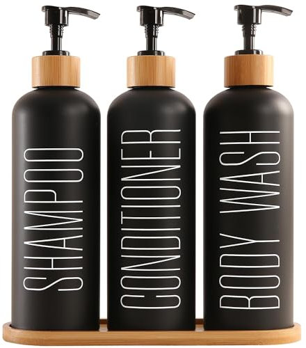 Raddile 3er Seifenspender Schwarz, 500ml Shampoo Flaschen zum Befüllen, Shampoo Spender für Bad, Duschgel Spender mit Pumpe und Tablett aus Bambus für Flüssigseife Shampoo Lotion