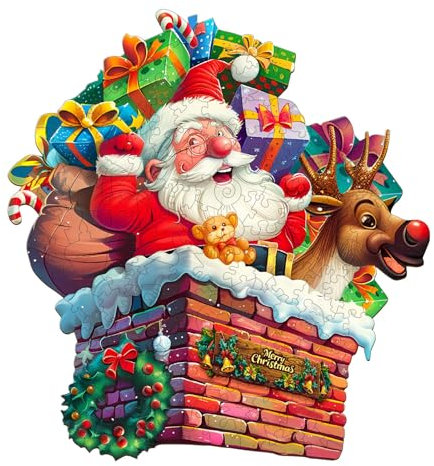 Holzpuzzle Erwachsene, 230 Teile Schornstein Weihnachts Mann Puzzles, 34 * 31.8cm Wood Puzzle, Unregelmäßige Einzigartige Tierform Holzpuzzles für Erwachsen, Schön Geschenk Familie Freunde