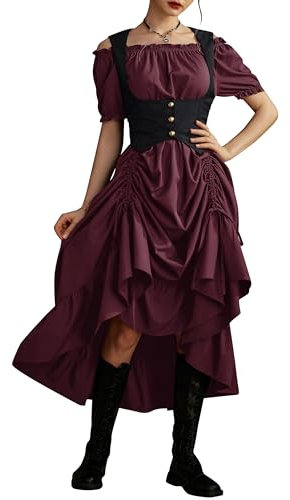 SCARLET DARKNESS Damen Renaissance Rüschenkleid Gesmokte Taille mit Tasche Rokoko Ballkleid Rotwein XL