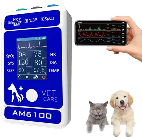 Digitaler Tierarztmonitor für Hunde und Katzen, 6 Parameter, Tier-Mnitoring-Ausrüstung, Vet Spo2 Pulsdruckmessgerät für Heimklinik, einfache Bedienung und klares Ablesen, Bluetooth 5.0