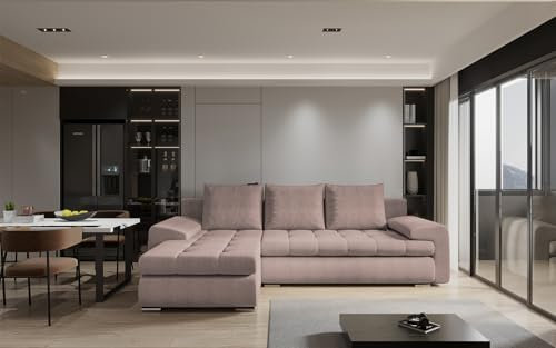 ecksofa mit schlaffunktion und bettkasten TOMI l-form sofa couch mit bettkasten, 3-Sitzer eckcouch, schlafsofa für wohnzimmer, sofa couch mit schlaffunktion (Rosa, Ottomane Links)