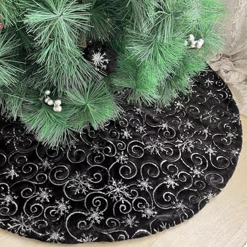 DecroXmas Gonne per Albero di Natale 78 cm, Peluche Nero con Motivo a Fiocchi di neve Argento, base per Albero di Natale in Pelliccia Sintetica Spessa, per Decorazioni Natalizie