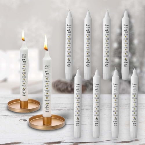 Silvester Kerzen Neujahr Kerze fertig bedruckt kein Kerzentattoo Wasserschiebefolie Kerzenhalter Kerzen für Kerzentattoos Stabkerzen deko (5 Stück, Silvester Countdown)